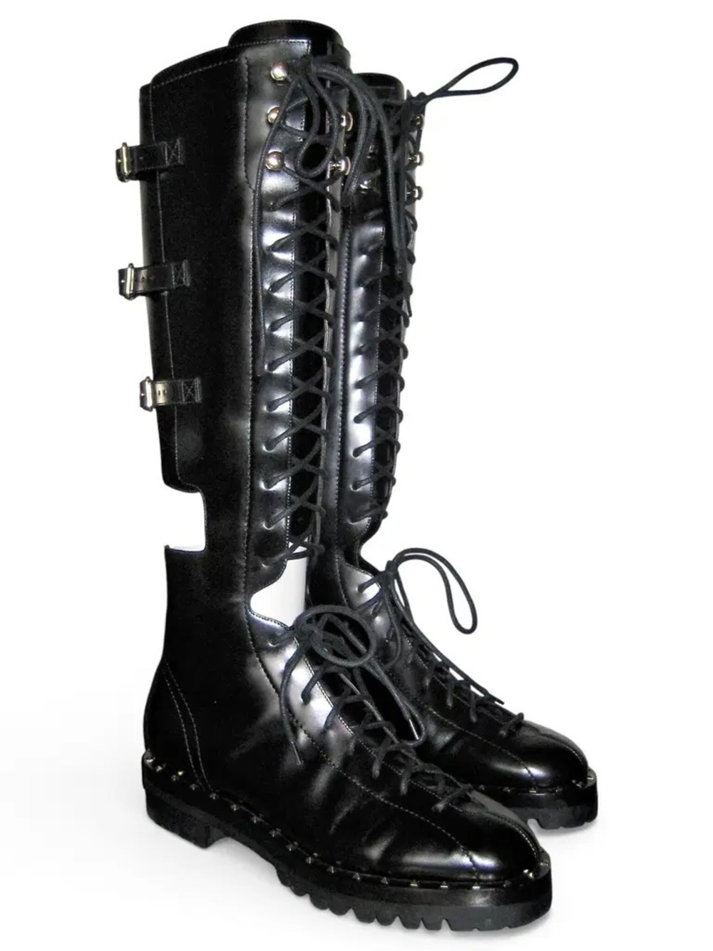 $2500 NIB! Valentino Rockstud Knee High Cut Out Lace Up Leather Boots Size 7